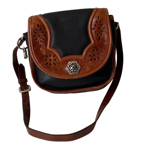Brighton Black Leather Saddle Bag Crossbody Purse Floral Cutouts Heart Charm - Picture 1 of 12